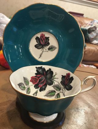 Cup & Saucer Royal Albert Bone China England Turquoise Outside Lovely Roses In