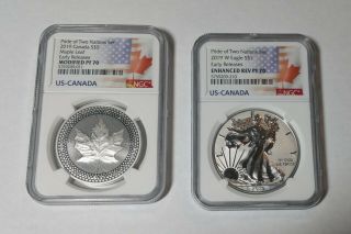 2019 Us - Canada Pride Of Two Nations Set Ngc Reverse Silver Eagle & $5 Maple Leaf