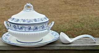 Large Vintage Blue/white Italian Soup Tureen /w Ladle And Platter - /stamped - Gvc