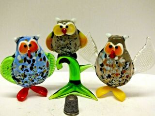Three Beautifully Hand Crafted Art Glass Owl Figurines/ Ornaments - One Perching