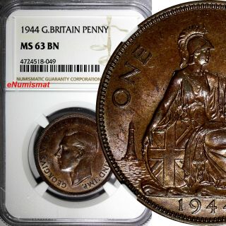 Great Britain George Vi Bronze 1944 1 Penny Ngc Ms63 Bn Km 845