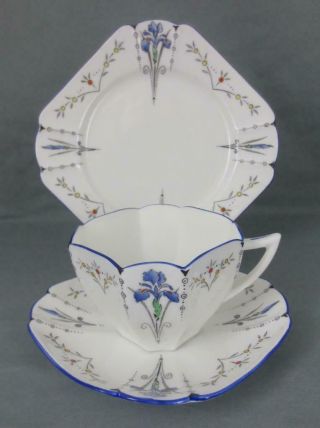 Vtg 1926 Shelley Art Deco Queen Anne Blue Iris Trio Cup,  Saucer,  Dessert Plate