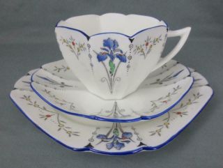 Vtg 1926 SHELLEY Art Deco Queen Anne BLUE IRIS TRIO Cup,  Saucer,  Dessert Plate 2