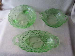 Vintage 3 Pc Set Sweet Pear Green Uranium Vaseline Glass Indiana Serving Bowl