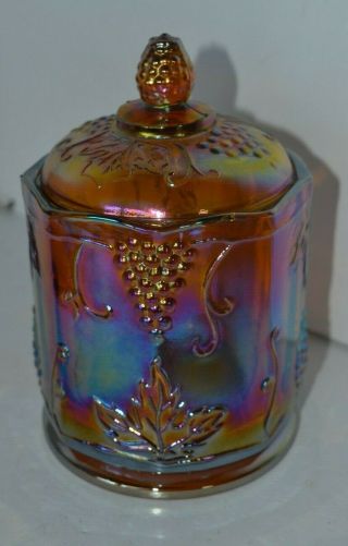 Indiana Carnival Glass Iridescent Harvest Amber Yellow Candy Dish Jar Box1