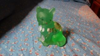 Fenton Willow Green Satin Hand Painted Cat 3 1/2 Inch High