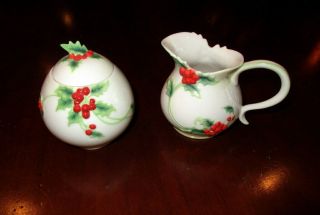 Franz Porcelain Christmas Holly Porcelain Creamer & Sugar Bowl