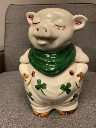 Antique 1940’s Shawnee Pottery Smiley Pig Cookie Jar Shamrocks 3 Leaf Clover