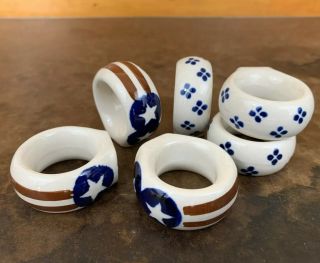 Set (6) Wiza Pottery Hand - Made Poland House Napkin Rings Blue Star Polish 2