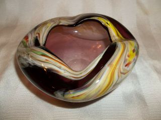 Vintage Murano Art Glass Bowl Ashtray Purple Glass With Multi Color Swirl