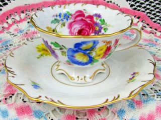 Meissen Hand Painted Pink Roses Floral Footed Tea Cup And Saucer