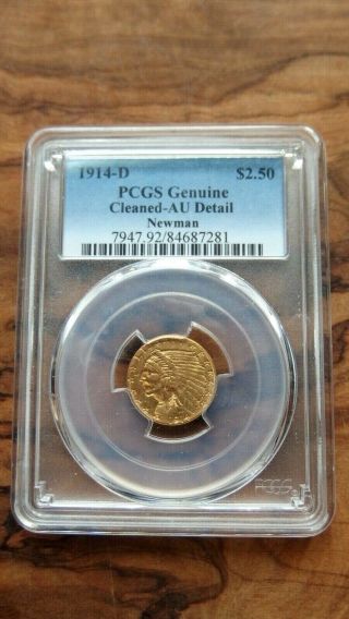 Ex Newman 1914 D Gold $2.  5 $2 1/2 Indian Head Quarter Eagle Pcgs Au Detail