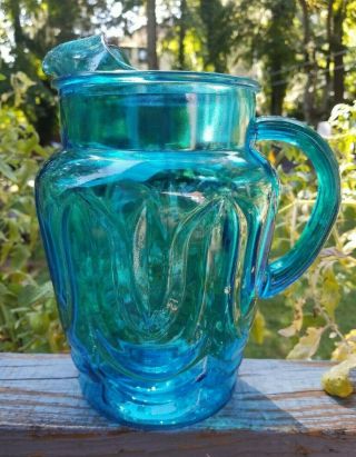 Vintage Anchor Hocking Laser Blue Colonial Tulip Pitcher Ice Lip
