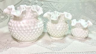 3 Vintage Pre Logo Fenton Milk Glass Hobnail Double Crimped Rose Bowl Vases