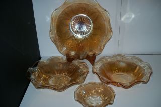 Jeannette Glass Iris And Herringbone Marigold Carnival Glass Fluted Bowls - (4)