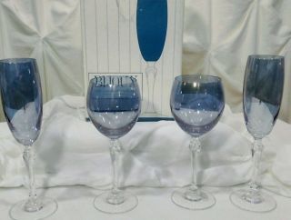 Colony Bohemian Czech Crystal 2 Wine Glass,  2 Champagne Flutes Blue Iridescent