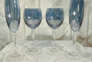 COLONY Bohemian Czech Crystal 2 Wine Glass,  2 Champagne Flutes Blue Iridescent 2