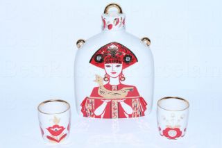 Russian Imperial Lomonosov Porcelain Wine Set Slavic National Maiden Decanter