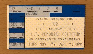 1987 U2 The Joshua Tree Tour Los Angeles Concert Ticket Stub Bono The Edge 11178