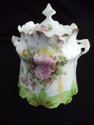 Rs Prussia China Cracker Jar Biscuit Barrel Rs Mold 8 Ribbon Handles Pink Roses