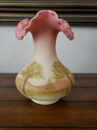 Fenton Burmese Glass Vase Hp With Scenic Landscape Orig Sticker By Gloria Finn