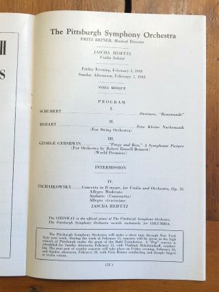 Classical Music Concert Program Heifetz Violinist Pittsburgh Symphony 1943