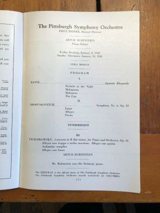Classical Music Concert Program Rubinstein Pianist Pittsburgh Symphony 1943