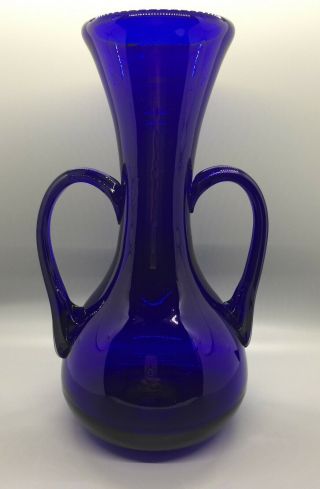 Large Cobalt Blue Blown Glass Vase With Applied Handles Unmarked Heavy