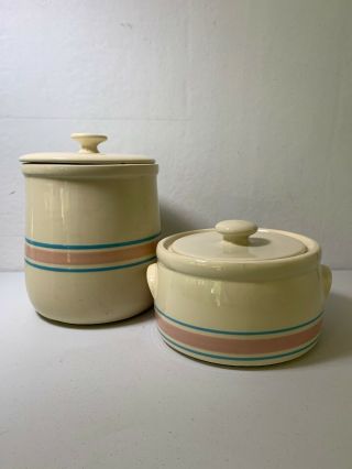 Mccoy Stone Craft Pink And Blue Stripe Cookie Jar Canister’s Set Of 2