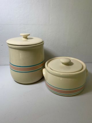 MCCOY STONE CRAFT PINK AND BLUE STRIPE COOKIE JAR CANISTER’S Set Of 2 2