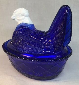 Mosser Made For Rosso Glass Hen / Chicken On Nest Cobalt With Milk Glass Head 3