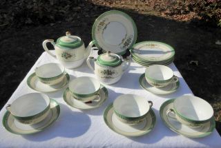 20 Piece Noritake Green Floral Roseara Set:teapot Creamer Dessert Plates Teacups