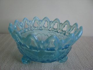 Vintage Northwood Blue Opalescent Glass Wild Rose Open Edge Footed Nut Bowl