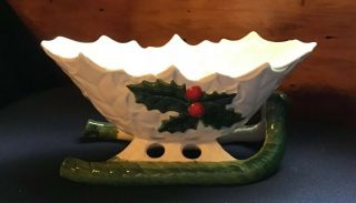 Mid Century Vintage Lefton White Holly Christmas Sleigh Holiday Container 1970