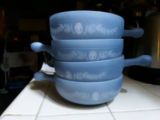 Vintage Glasbake Cameo Blue Handled Soup Bowls Set Of 4