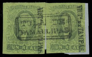 Mexico 1861 Two 1r Black On Green Stamps On Small Piece,  Tula De Tamaulipas Pmk.