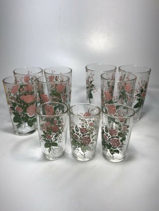 Vintage Mid Century Modern Drinking Glasses Pink Rose Floral Set Of 10 3 Sizes