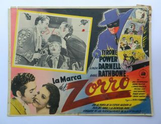 Vintage Rare The Mask Of Zorro Tyrone Power Linda Darnell Mexican Lobby Card