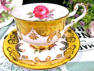 Paragon Tea Cup And Saucer Pink Rose Artist Signed Teacup Yellow And Gold Gilt