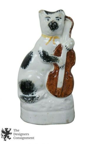 Antique Staffordshire Porcelain Ceramic Cat & The Fiddle Figurine Black & White
