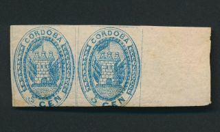 Rare Argentina Stamps 1858 Cordoba Arms 1 5c Marginal Pair,  Og