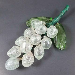Vtg Hand Blown Art Glass Grape Cluster Bunch Leaves Clear 7 " Long Mid Century