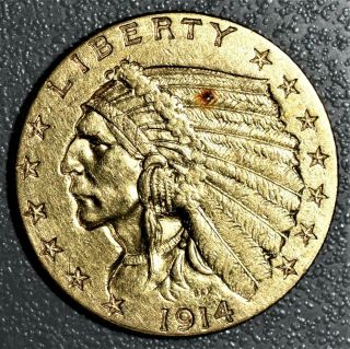 1914 - D $2.  5 Indian Head Gold Quarter Eagle Coin,  Grade Au,  Ez66
