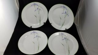 Corelle Corning " Shadow Iris " 4 Dinner Plates 10 - 1/4 " Purple Flower Green Trim