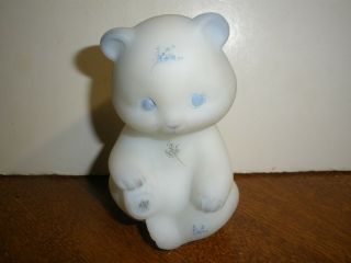 Cute Fenton Glass Bear Hand Painted Blue Design Signed White Iridescent Figurine
