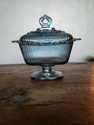 Vintage Blue Purple Carnival Glass Butter Dish Harvest Iridescent Footed