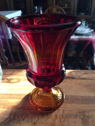 Vintage Art Glass Red Orange Amberina Vase Thumbprint Design