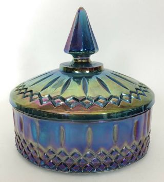 Vintage Indiana Blue Iridescent Carnival Glass Candy Dish W Lid Windsor Princess