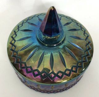 Vintage Indiana Blue Iridescent Carnival Glass Candy Dish w Lid Windsor Princess 2