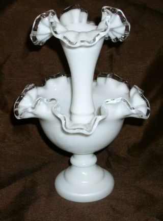 Vintage Glassware Fenton Milk Glass Silver Crest Epergne 2 Pc Ftd Vase Ruffle